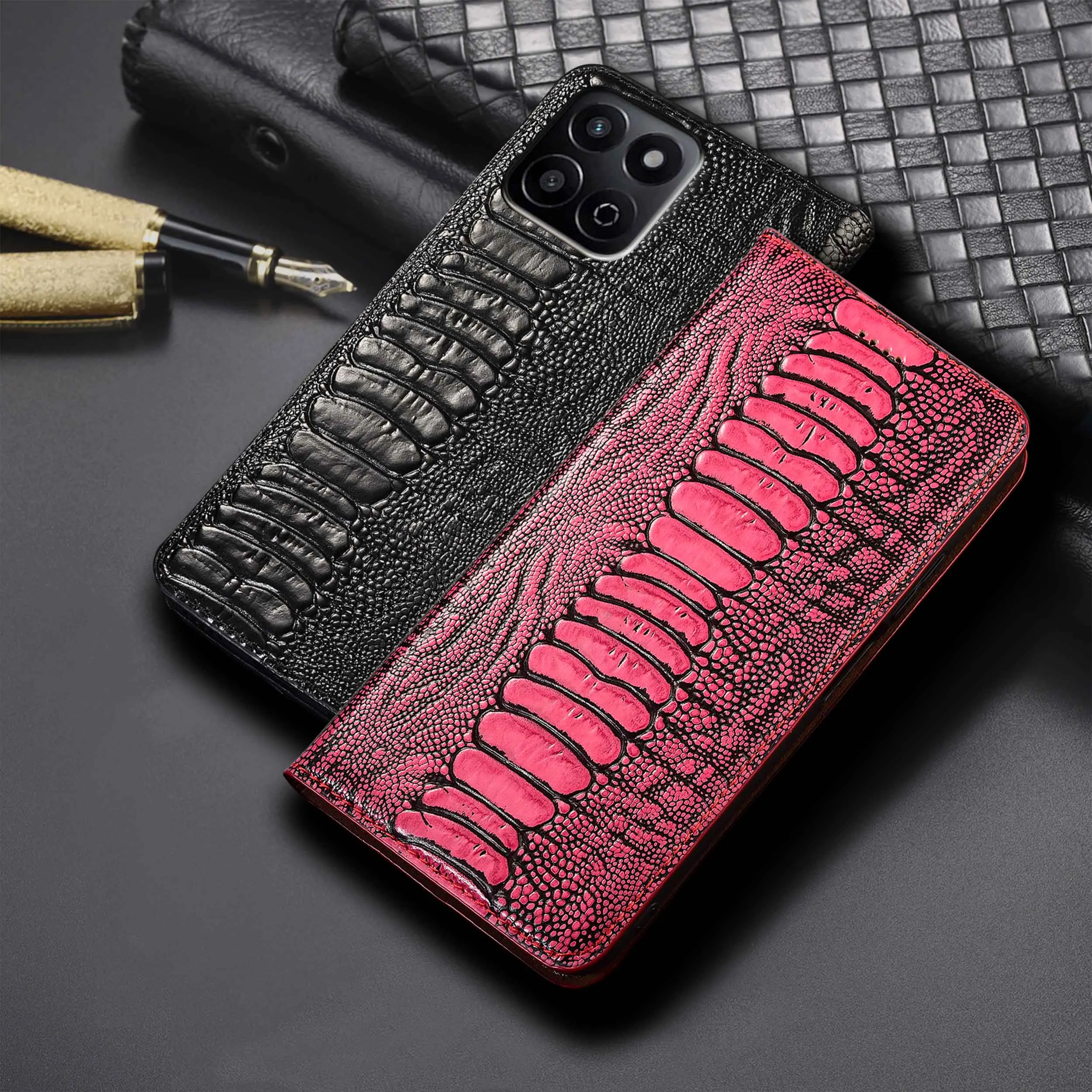 

For Honor Play 8T 9A 20 30 40 50 60 Plus Pro Ostrich Feet Pattern Genuine Leather Wallet Flip Phone Case Cowhide Scratch Proof