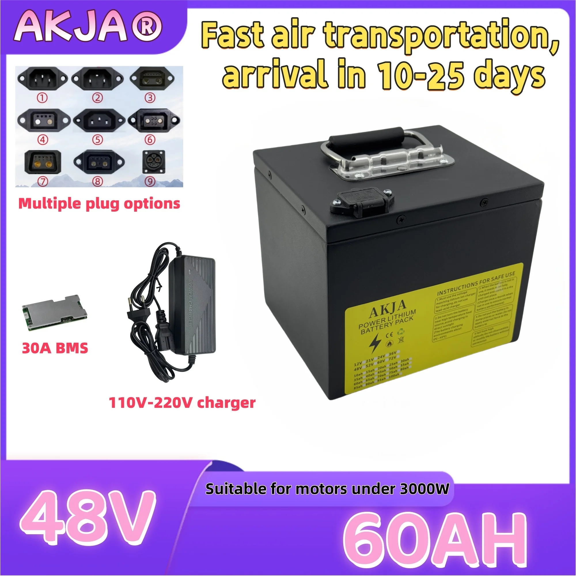 

Air fast transportation 48V60AH Full capacity New 18650 lithium battery Suitable for motors under 250W-3000W