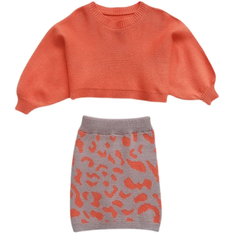 Girls Sweater Sets 2024 Autumn and Winter Knit Set Girls Orange Knit Top+Geometric Printed Skirt Two Piece Set 2-8T Kids