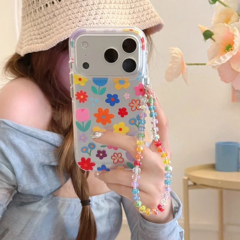 

Fashion Silver Color Flower Pattern Phone Case For iPhone 17 Pro 14 15 16 Pro Max Back Cover with Chain Strap Cute Protective Ca