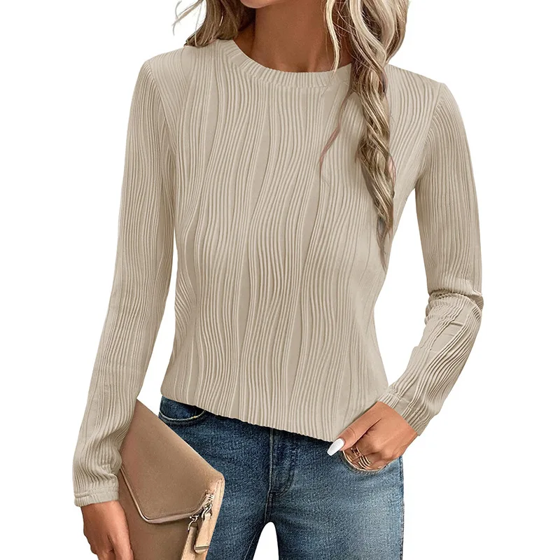 2024 Autumn Women's Long Sleeve Tops Female O-neck Solid Color Line Wrinkles Bottoming Shirt Lady Soft Casual Slim Pullovers