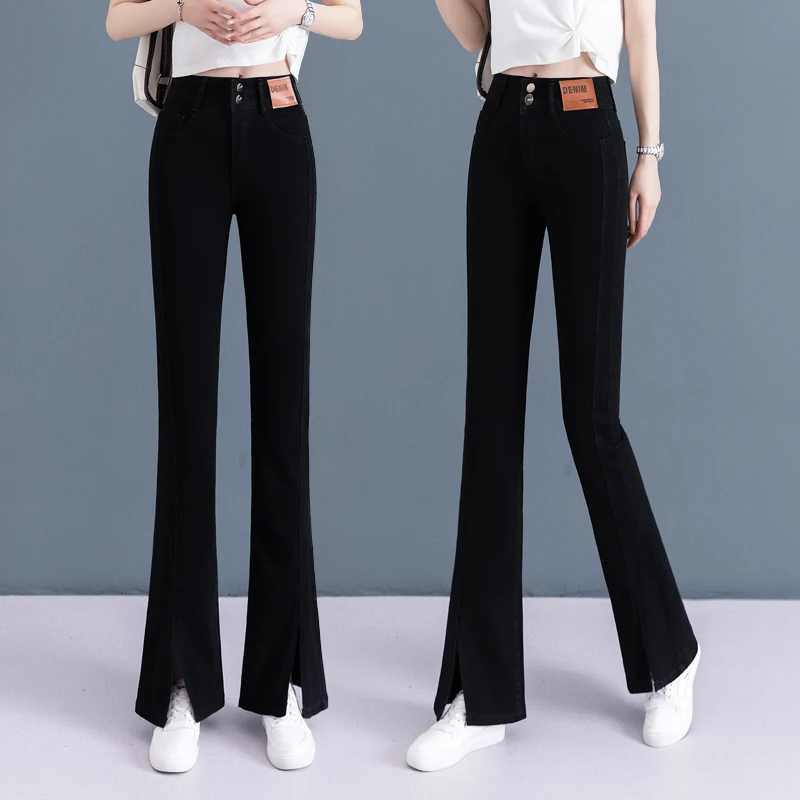 

High Waist Flared Jeans Women's Black Casual Wide Leg Pants Spring Autumn New Style Cotton Elastic Denim Slimming Effect