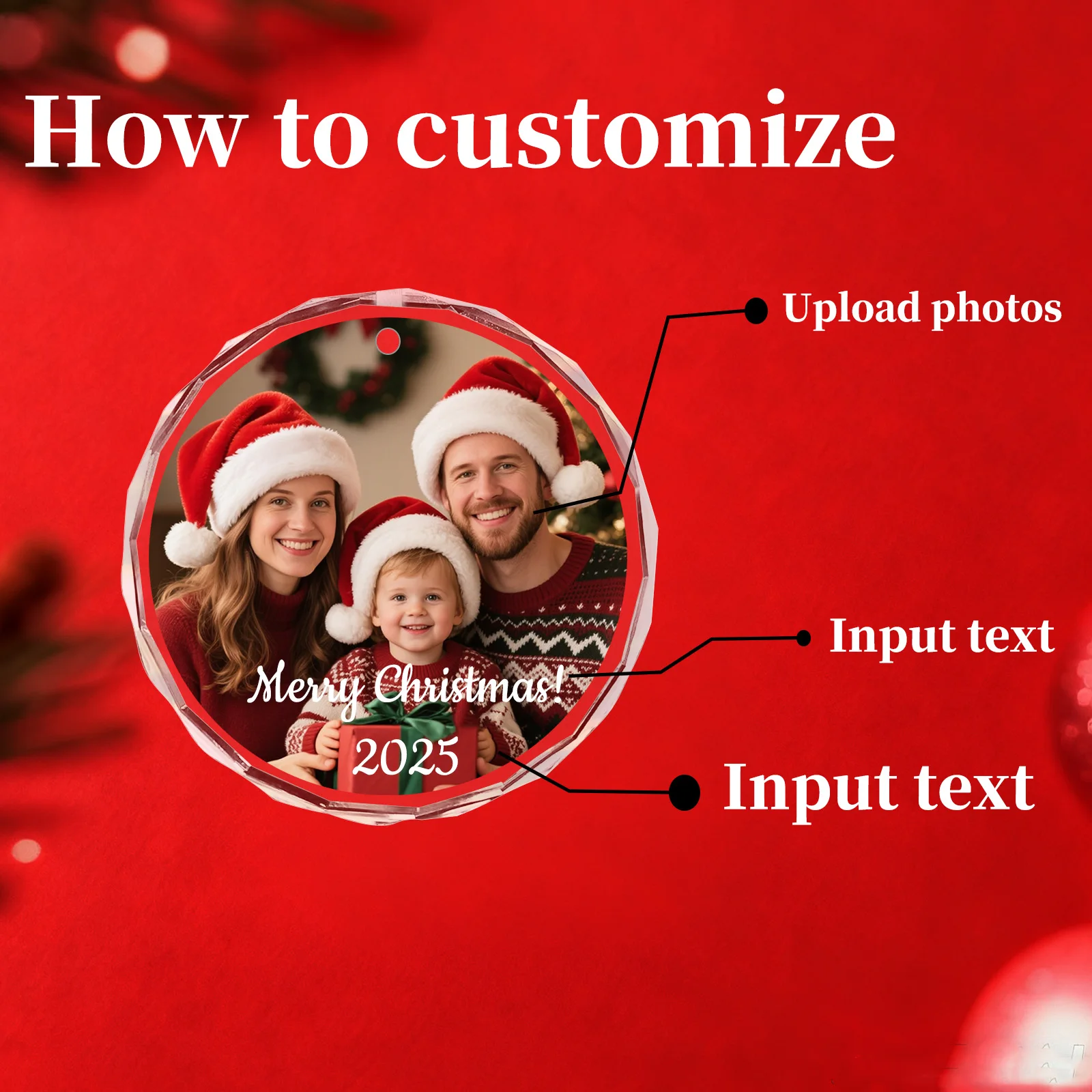 زخرفة صور عيد الميلاد المخصصة ، هدية عيد الميلاد الشخصية للعائلة تذكار شجرة كرة زجاجية ديكور 2025 هدية الذكرى السنوية المنزلية