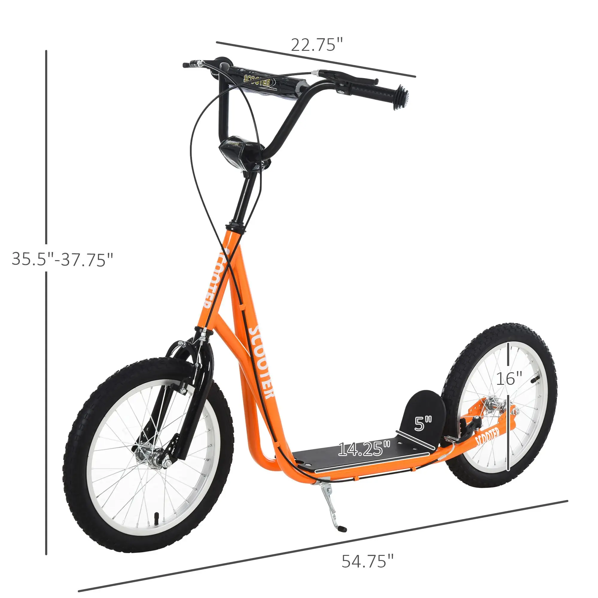 Jeugdscooter Kick Scooter voor kinderen vanaf 5 jaar met verstelbaar stuur 16" dubbele remmen voor en achter opblaasbare wielen, oranje