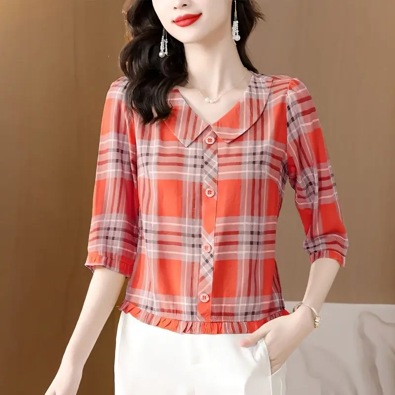 2023 Stylish Plaid Casual Peter Pan Collar Blouse Spring Summer 3/4 Sleeve Button Female Clothing Spliced Commute Straight Shirt