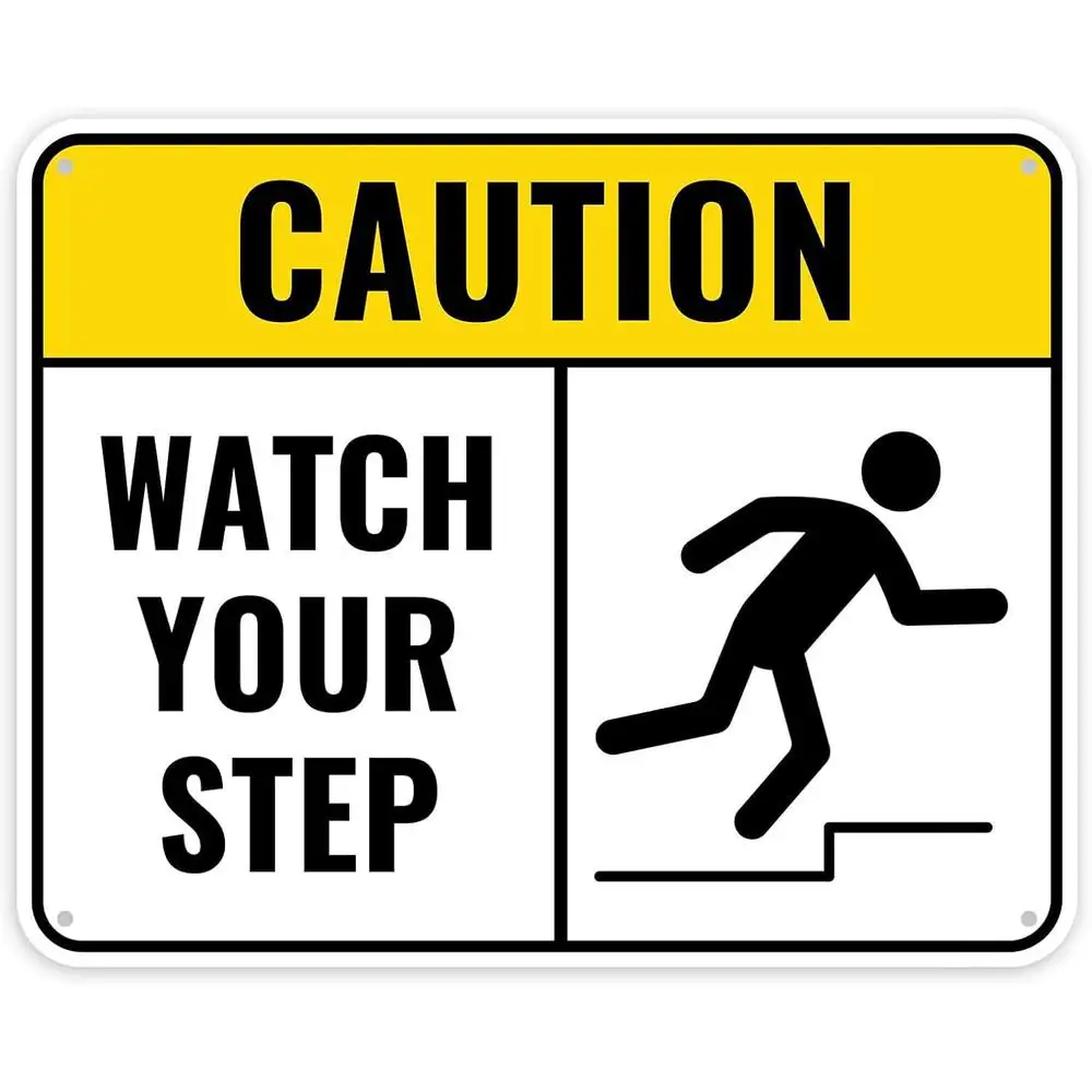 2D Metal Sign, 8x12 Inch Heavy Duty Caution Watch Your Step Metal Sign with Warning Symbol & Fall Hazard Icon, Anti-Rust Outdoor