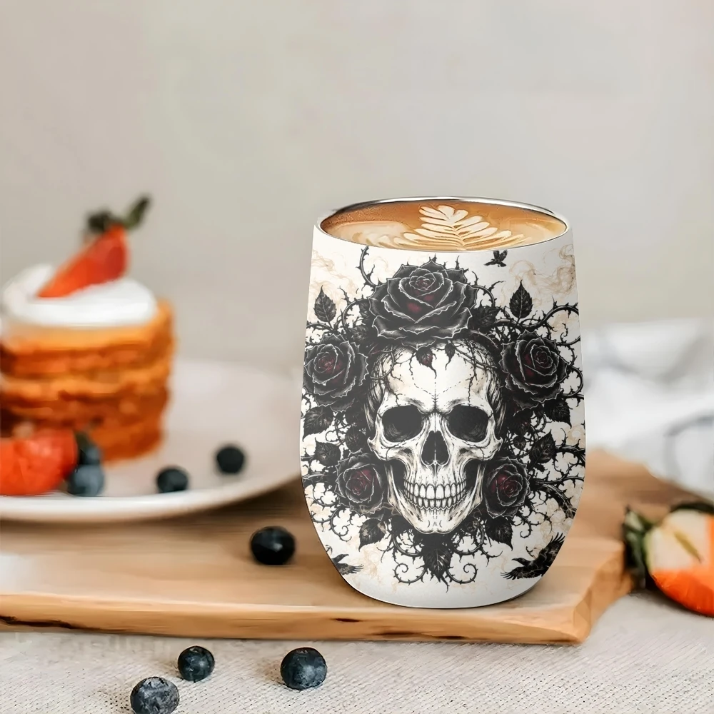 Gothic Skull Rose Ravens Vacuum Flasks 12oz Eggshell Cup With Lid Portable Coffee Cups Travel Household Office Drinking Mug