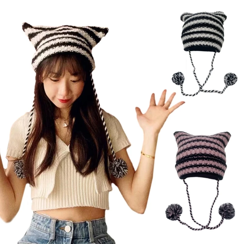 

Y2k Handmade Cat Ear Shape Hat with with Dangle Pompoms Adult Teens Autumn Winter Striped Devil Hat Windproof Foldable Knit Cap