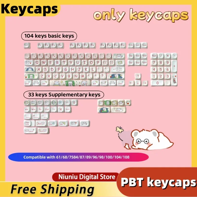 

Glasses Bear Cute Keycaps PBT Dye Sublimation XDA Profile Suitable for 61/64/68/87/96/104/108 Mechanical Keyboard Key caps