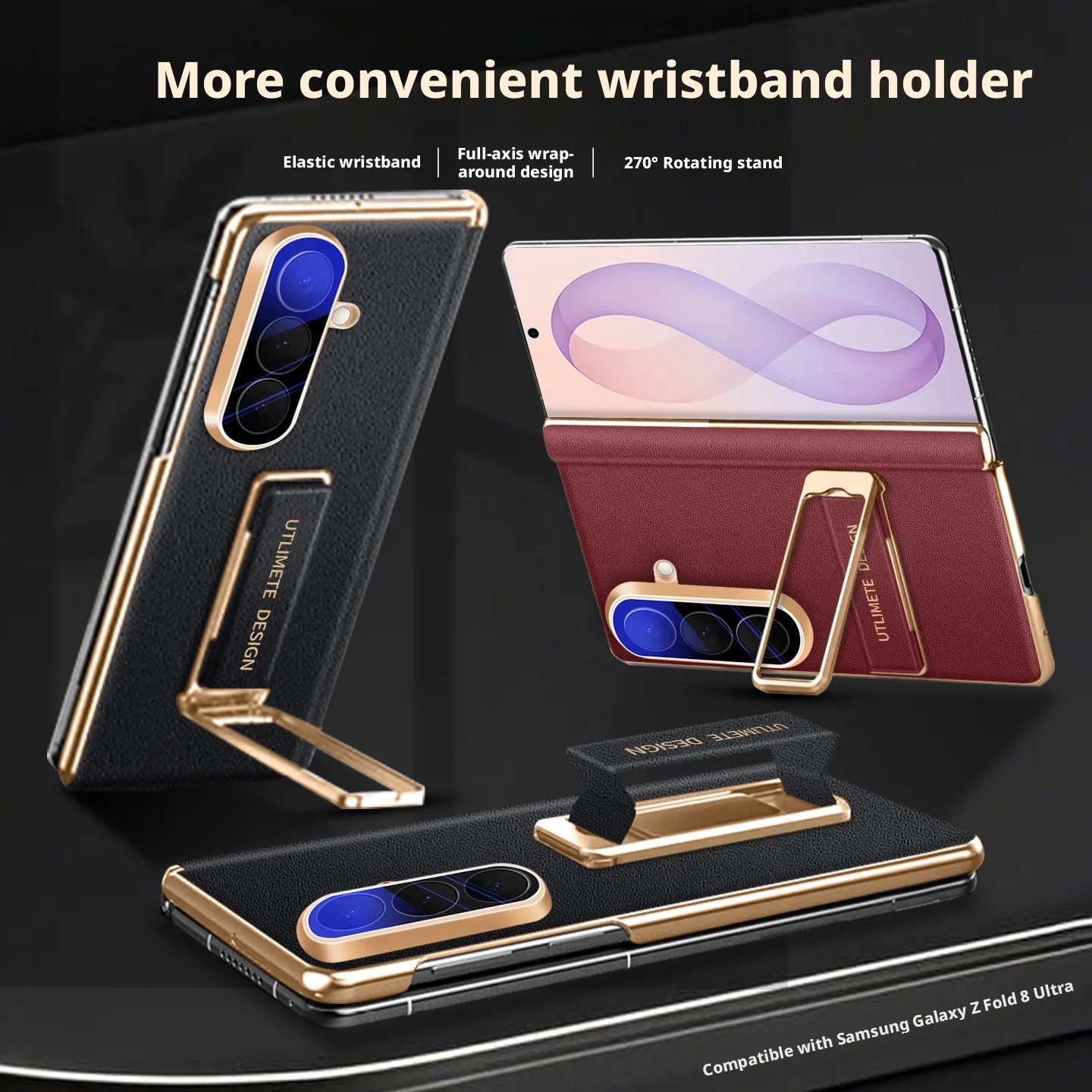 Luxury Elastic Wrist Strap Leather Case For Samsung Galaxy Z Fold8 Fold 8 Ultra Magnetic Central-Axis 270° Rotation Stand Cover