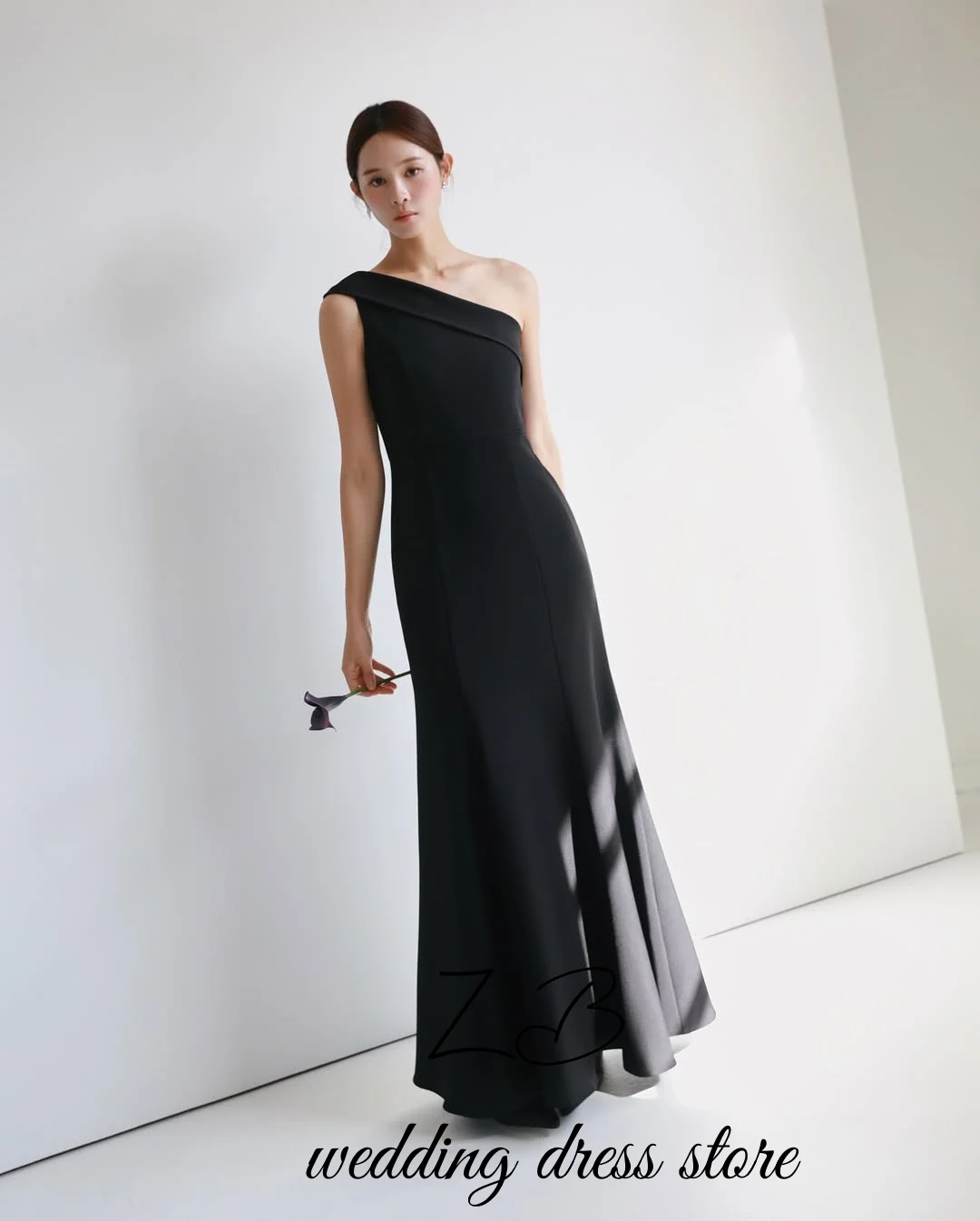 ZanBan Customized Black Satin Sheath Mermaid Trumpet Wedding Party Dress Inclined shoulder design Skirt drape design new dress
