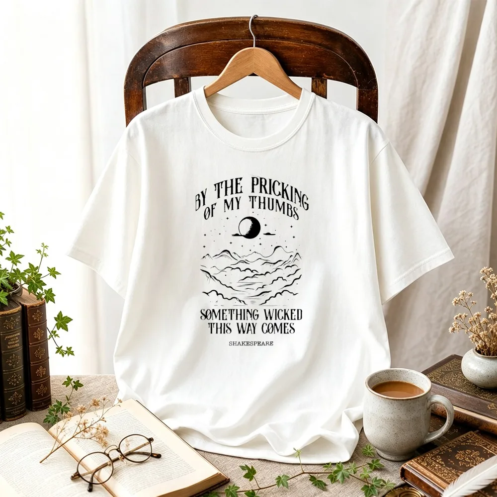 Women Something Wicked This Way Comes Shakespeare Mountain Moon Graphic T-Shirt Dark Academia Tee Vintage Bookish Gothic Tops