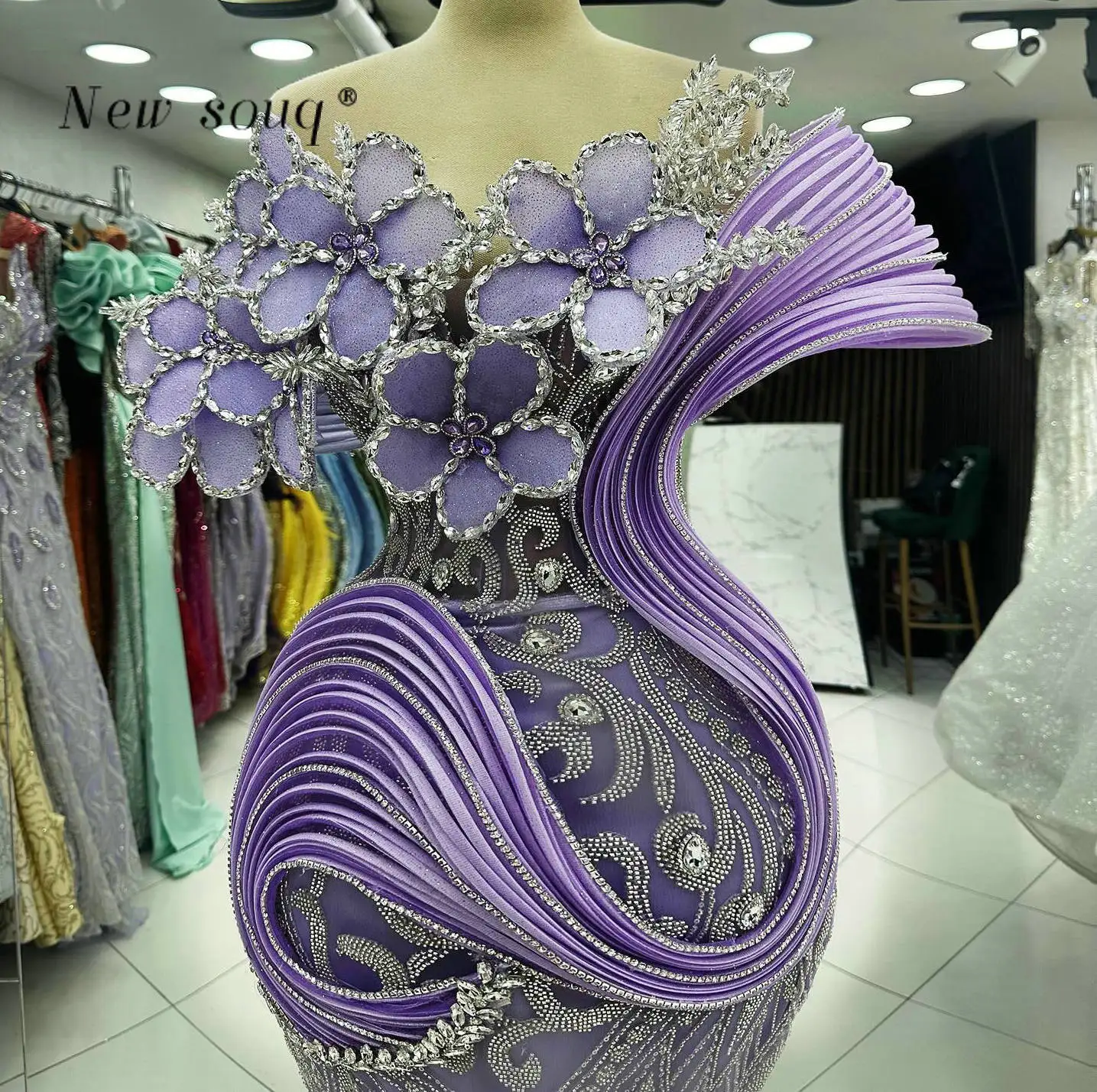 Amazing Amethyst Purple Crystals 3D Flowers Evening Dresses Long Formal Beaded Sequins Mermaid Wedding Party Gowns for Women