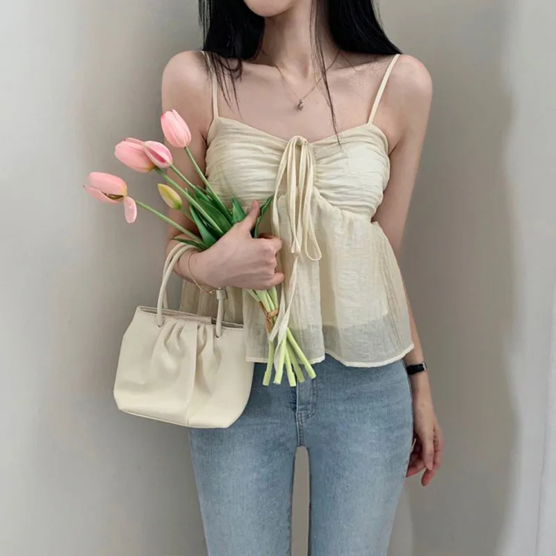 Crop Camis Pleated Bow Drawstring Sleeveless Solid Tops Summer New Sweet Girls Streetwear Elegant Off Shoulder Korean Trendy
