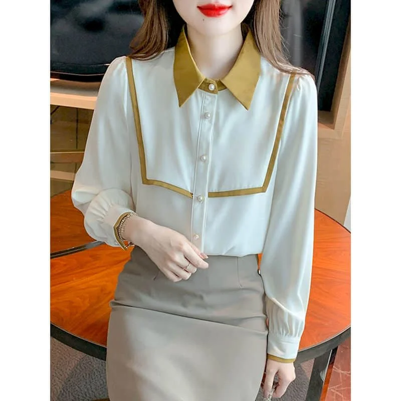 

Chiffon Shirts for Women Vintage Long Sleeved Polo-neck Loose Casual Korean Style Single Breasted One Piece Blouse Women Tops