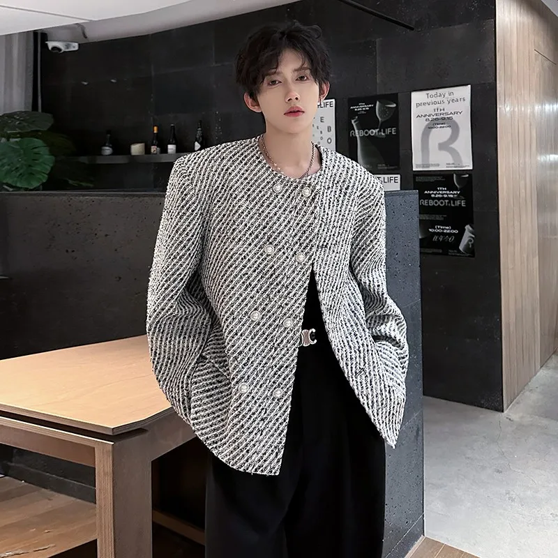 

Шикарный корейский шерстяной тюнер для мужчин без воротника с диагональным узором, молодежный роскошный модный повседневный костюм