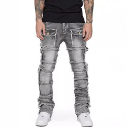Trendy Men Jeans, European and American Fashionable Workwear with Patch, Elastic, Laminated and Slightly Flared Men Denim Pants.