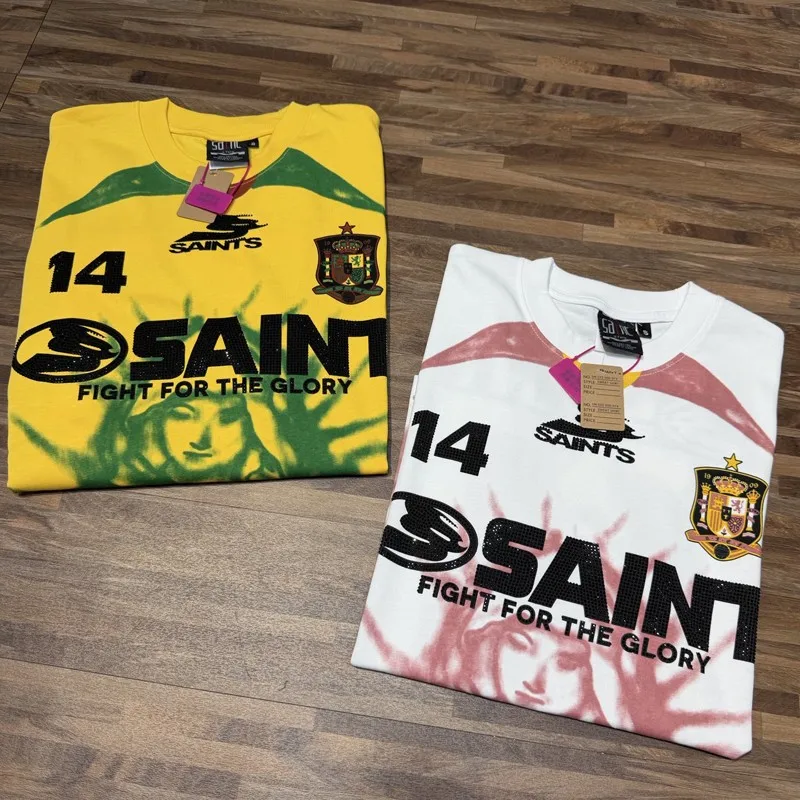 Hotfix Rhinestone Flame Print No. 14 Prayer Woman Saint Tshirts Cotton Round Neck Short Sleeve Summer Street Men Sports Tops