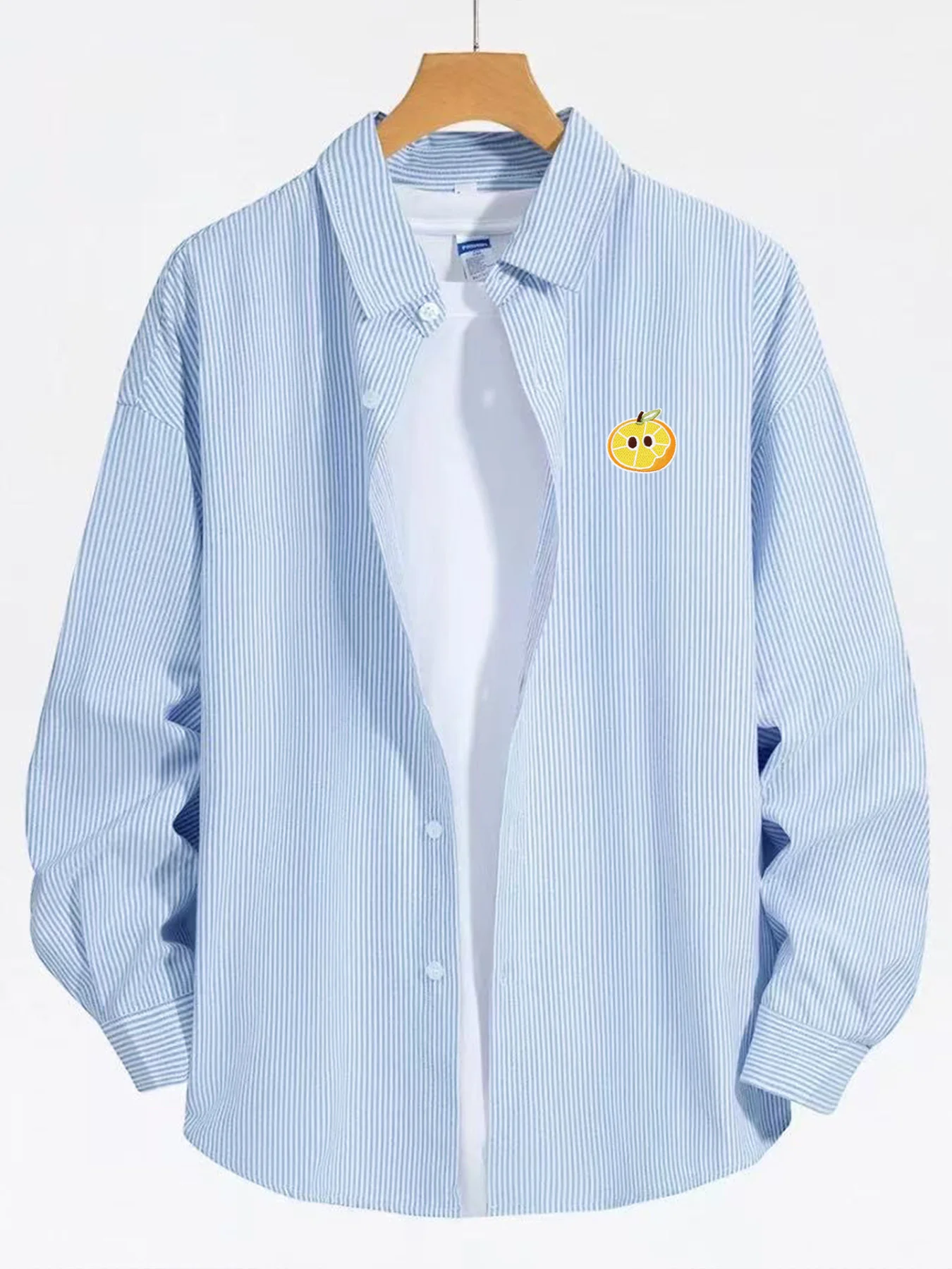 

Trendy men's spring and autumn new cartoon half-orange pattern long-sleeve striped shirt casual simple shirt