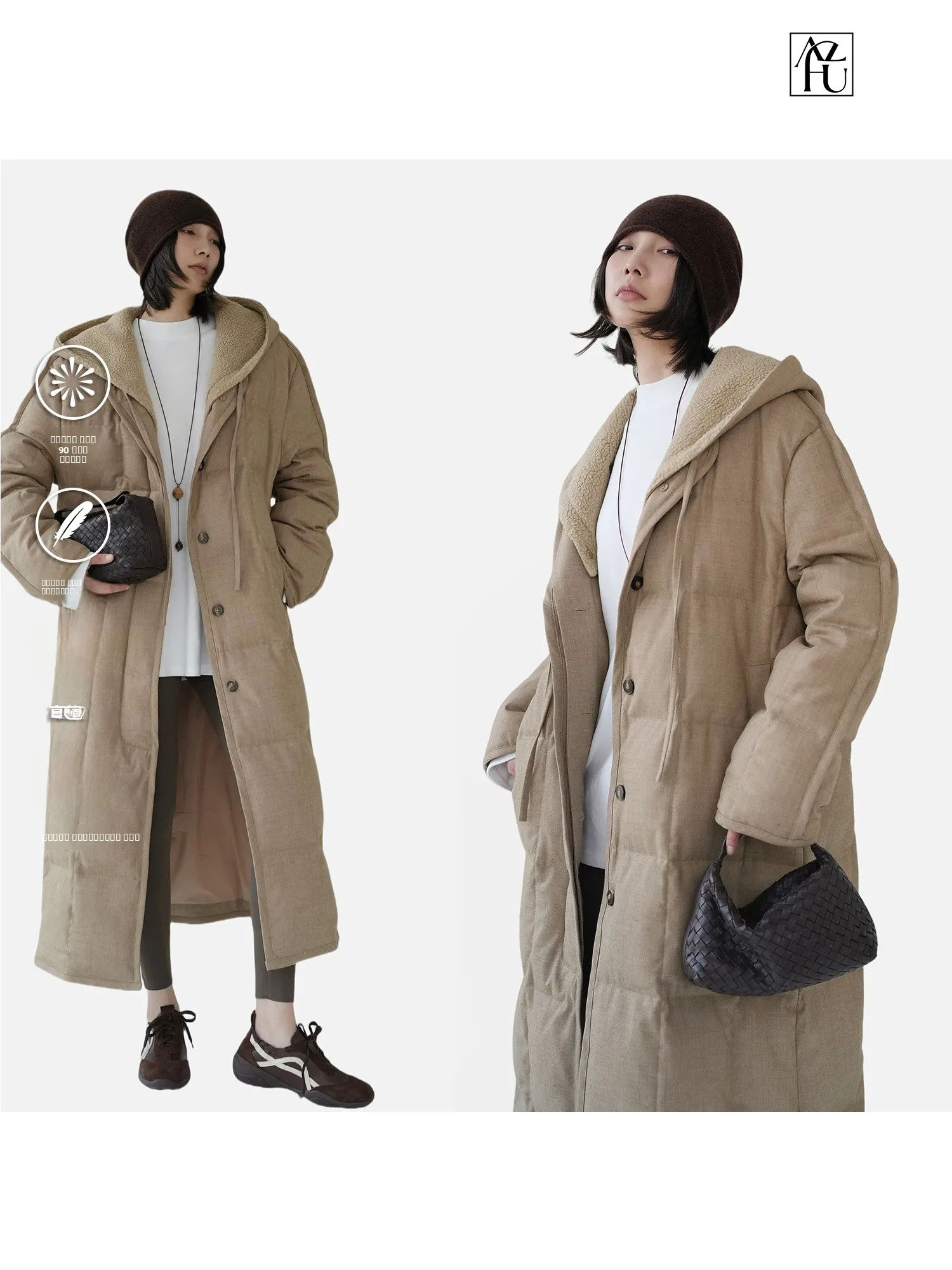 

Azhu 2024 New Long Hooded down Jaet Women's 90 White Du Feather Coat Warm Winter Outerwear Zipper Closure Color