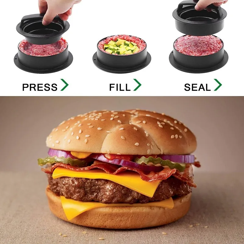 3In1 Hamburger Meat Press Mold Patty Maker Non Stick Stuffed Burger Mold Beef Patties ABS Round Shape Mould Kitchen Accessories view 2