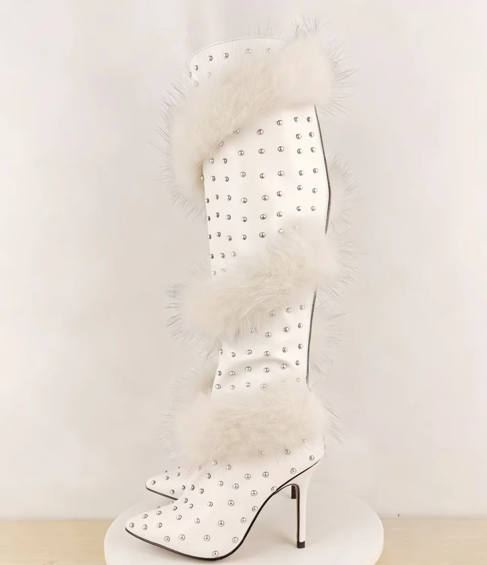 Fashion Leather Pointed Toe Over-the-Knee Boots Round Silver Studded Detail Plush Faux Fur Trim Stiletto Heel Punk Style Boots
