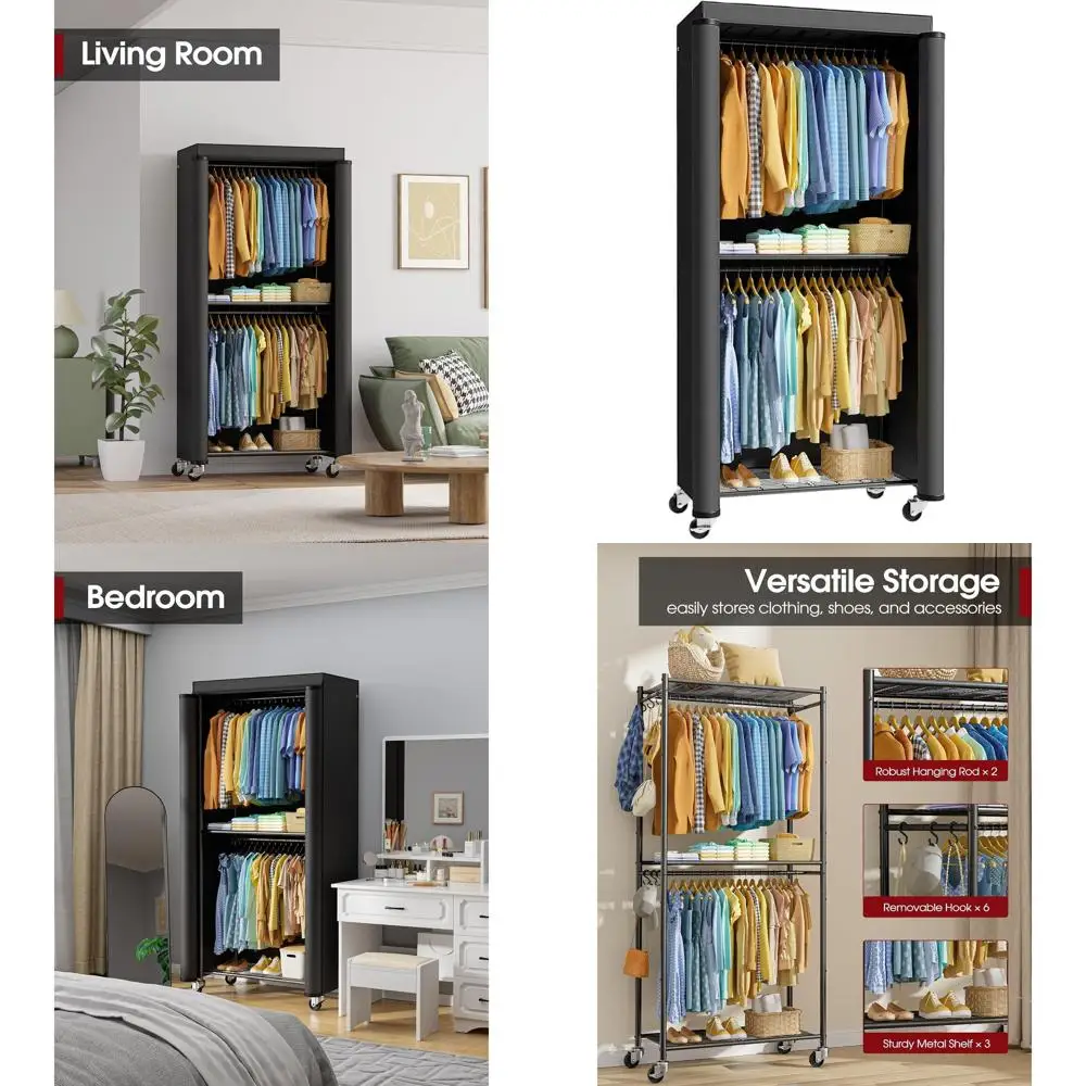 

Space-Saving Lockable Rolling Wardrobe Closet with Cover, 33×12.6×79.5, Black