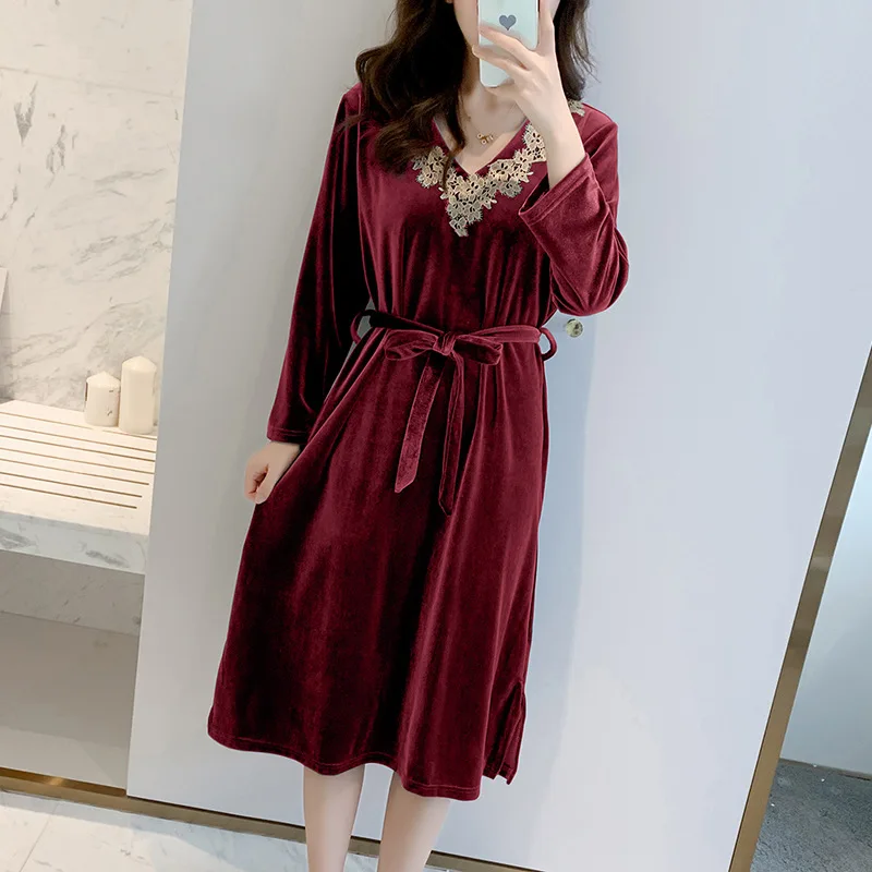 Winter Autumn Home Dressing Gown Nightdress for Women Warm Nightgown Sexy Velvet Sleepwear Loose Sleepwear Long Sleeve Bathrobe