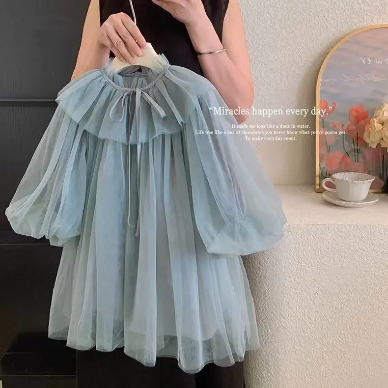 Kid Girl Solid Color Tulle Dress for Children Ruffled Neckline Bow Tie Back Detail Puff Sleeves Layered Mesh Elegant Skirt