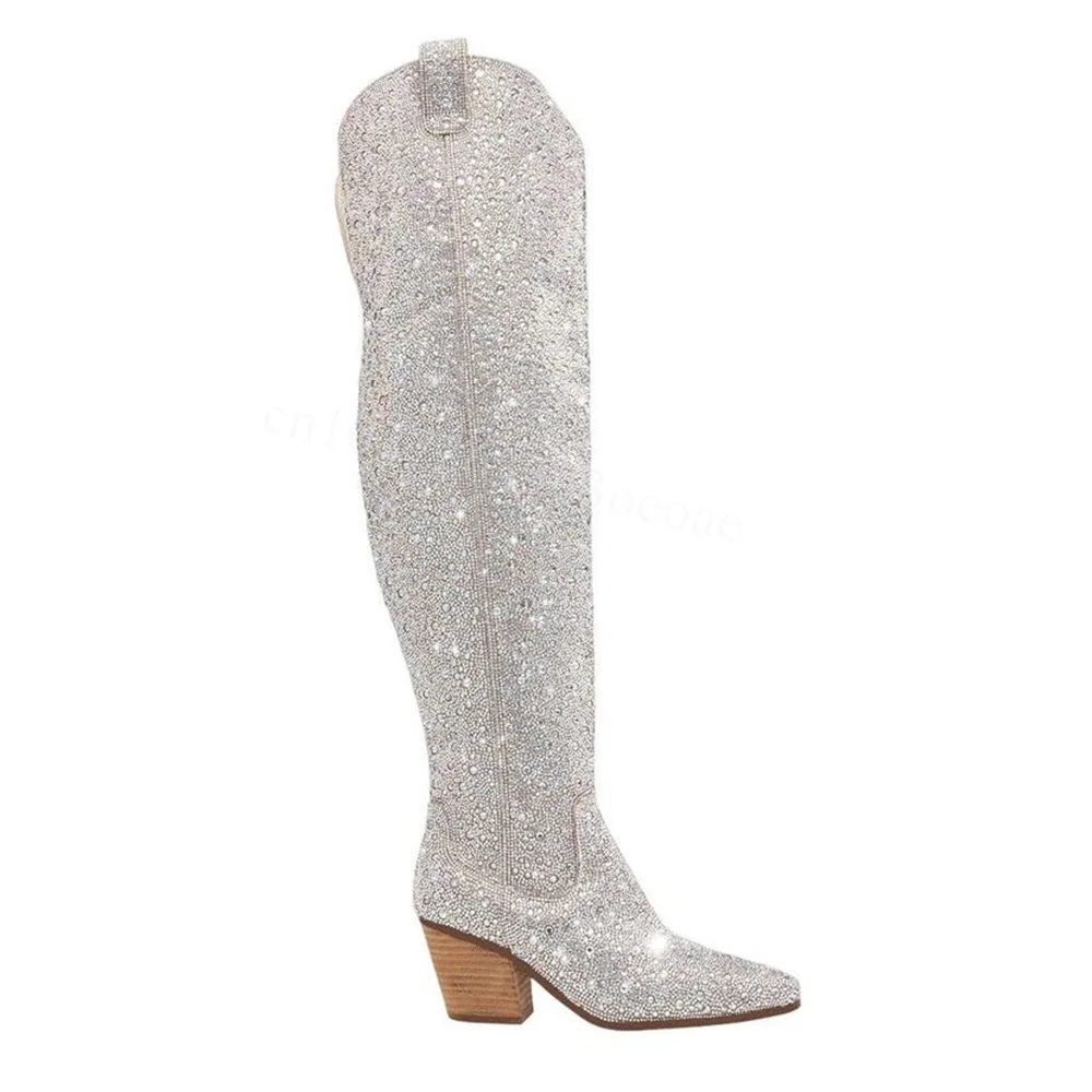 White Crystal Decor Miter Cowboy Boots Matte Leather Shoes for Women Chunky High Heels Fashion Shoes 2025 Zapatos Para Mujere
