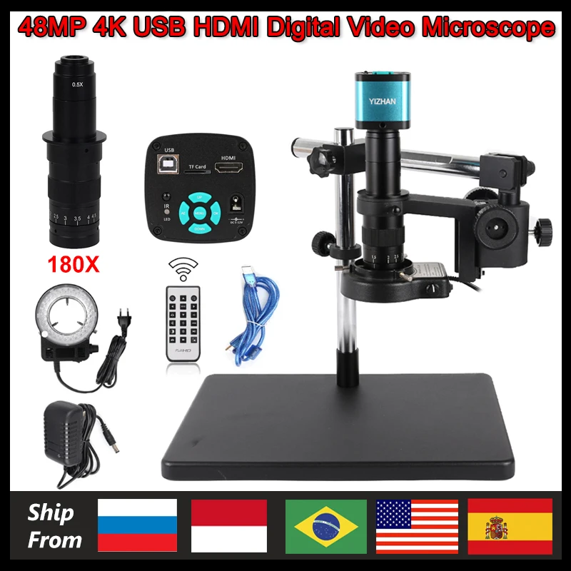 

48MP 4K HDMI USB Electronic Digital Video Microscope Camera 180X Zoom C Mount Lens With LED Light For Lab PCB Phone Repair Tools