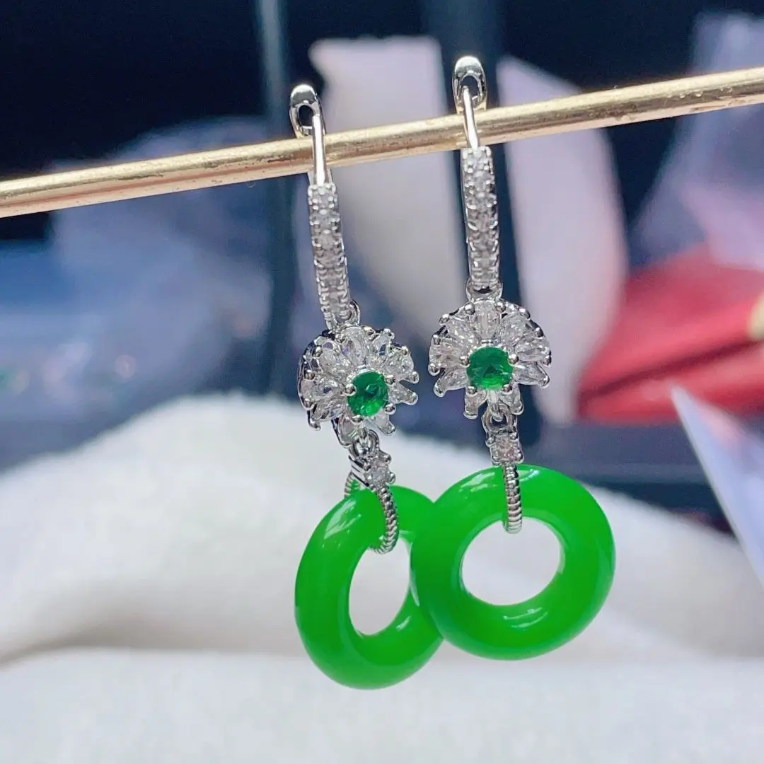 Myanmar Laokeng jadeite inlaid with glutinous seed bean color safety buckle earrings, earrings