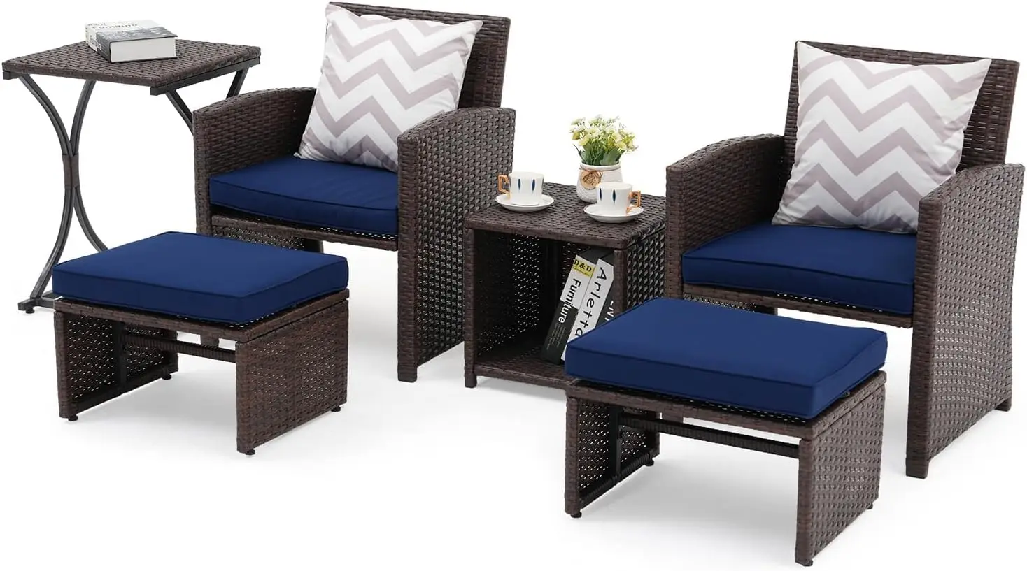 6-Piece Patio Wicker Set, All-Weather Blue Rattan Chairs, Nesting Table & Ottoman, Modern Balcony Furniture
