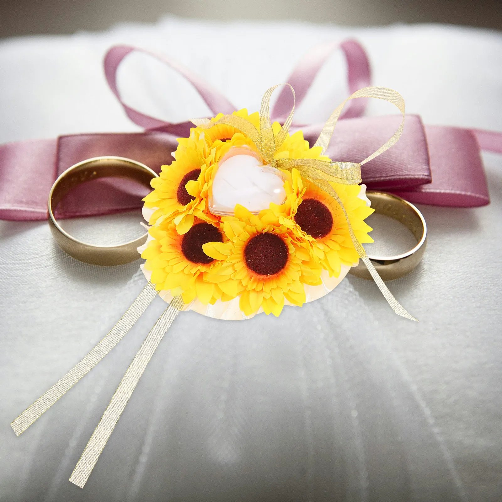 Sunflower Shape Wedding Ring Pillow Yellow Elegant Compact Cushion Bridal Ceremony Engagement Party Decoration Embroidered