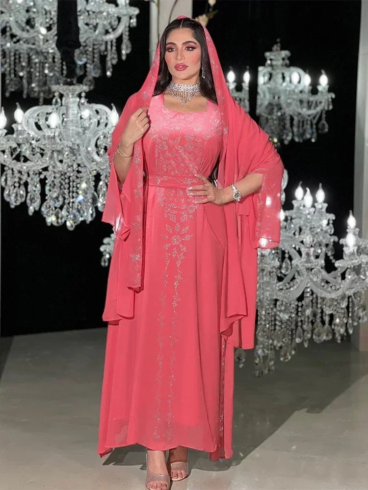 Long Sleeve Hijab Party Dress for Women Muslim Diamond Abaya Chiffon Maxi Vestidos Morocco Kaftan Turkey Arabic Long Robe 2023