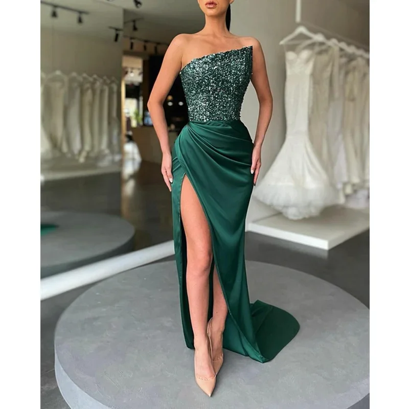 Sexy Fashion Off Shoulder High Waist Slit Evening Cocktail Graduation FloorLength Dress Sequins Women Sequins Corset Party Dress