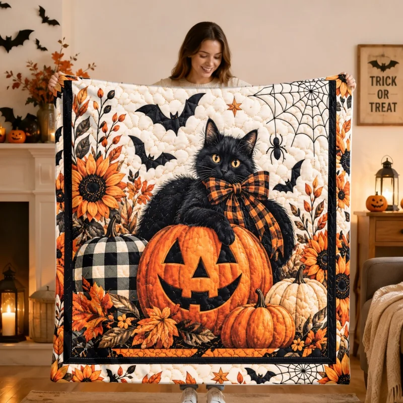 Halloween Black Cat Pumpkin Throw Blanket, Sunflower Bat Spider Web Print Quilted Blanket for Home Decor
