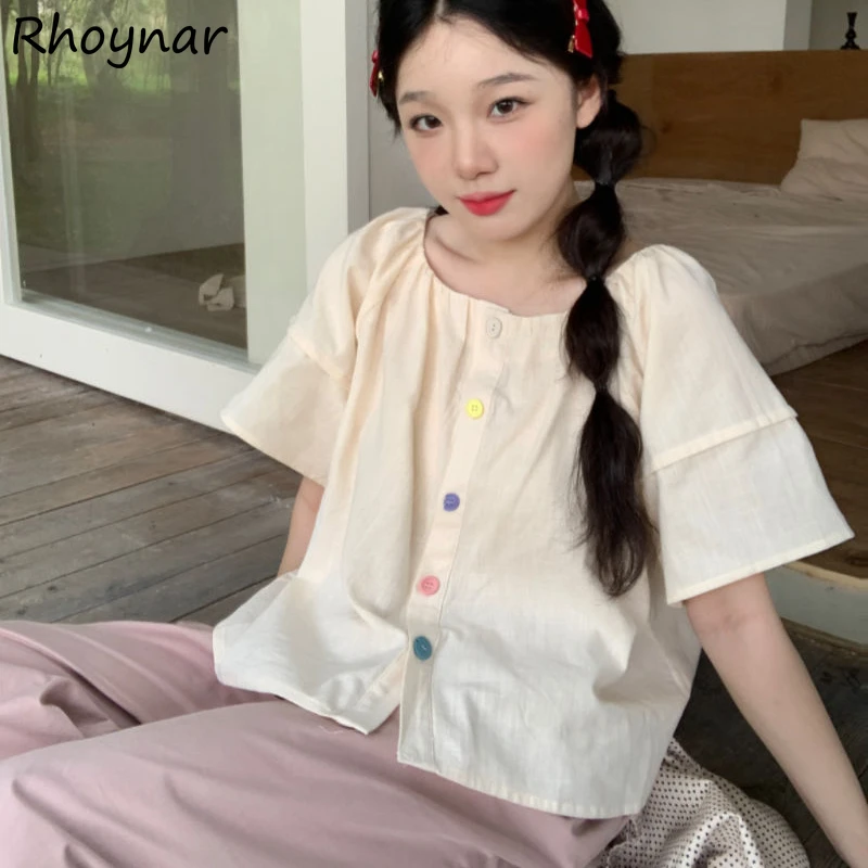 

Korean Fashion Shirts Women Summer Sweet Students Leisure Simple All-match Candy Colors Button Design Streetwear Chic