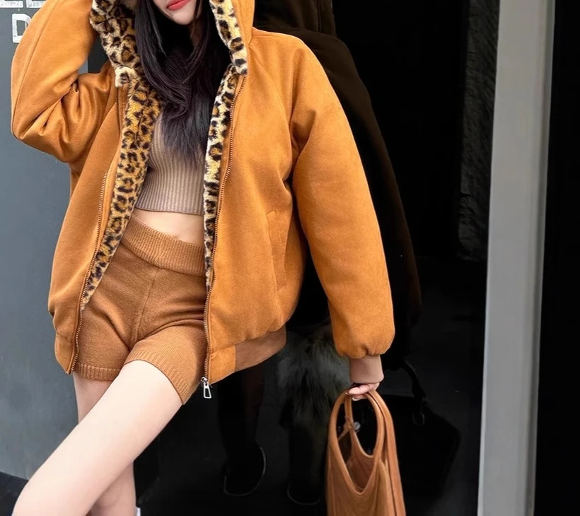 

Retro Leopard Print Hooded Cotton Jacket 2025 Winter New Loose and Thick Cotton Clothing