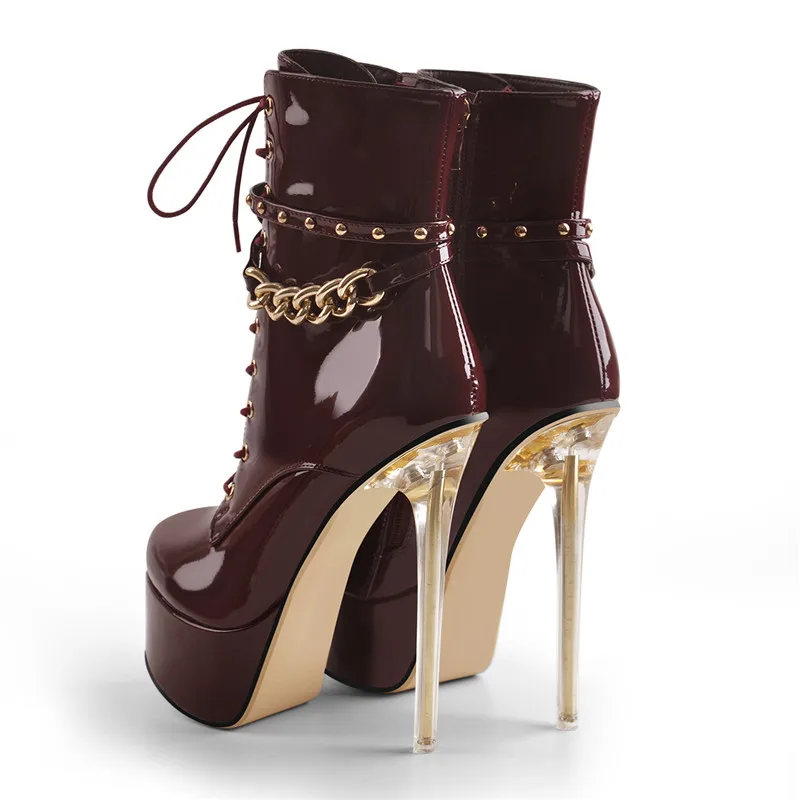Onlymaker Women Platform Ankle Boots Lace Up Patent Leather Metal Chain Rivet Zipper Transparent Metal High Heel Boots