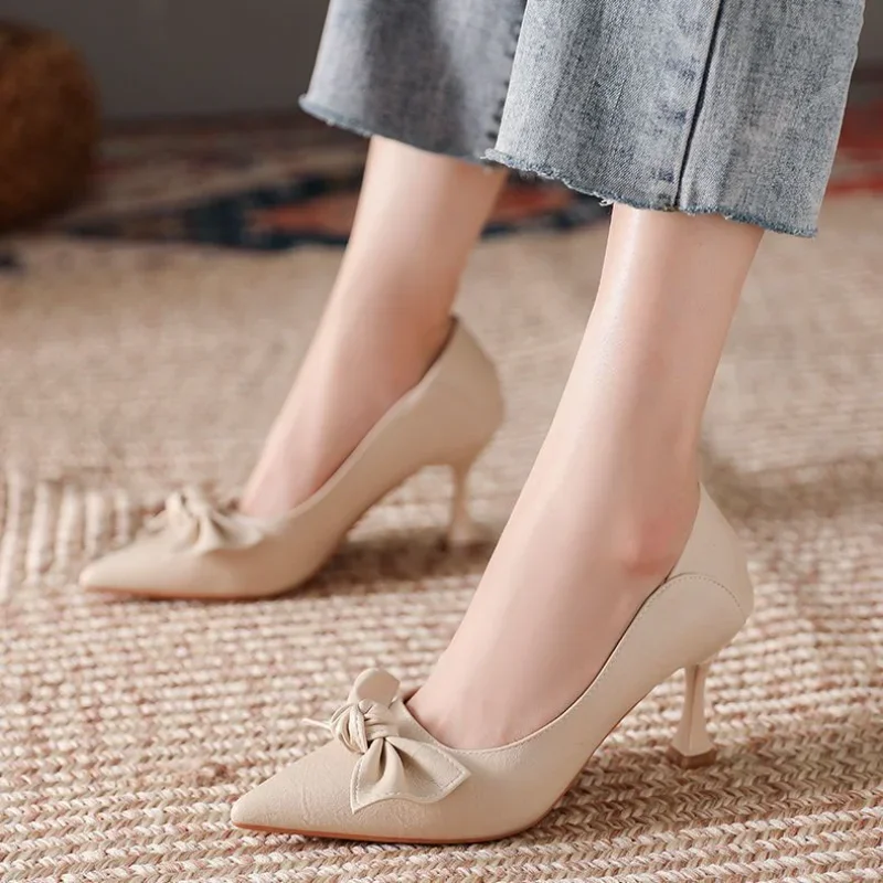 Women\'s Shoes Office High Heels Ladies Footwear Thin Pointed Toe Beige with Bow Normal Leather Casual on Promotion Trend Spring