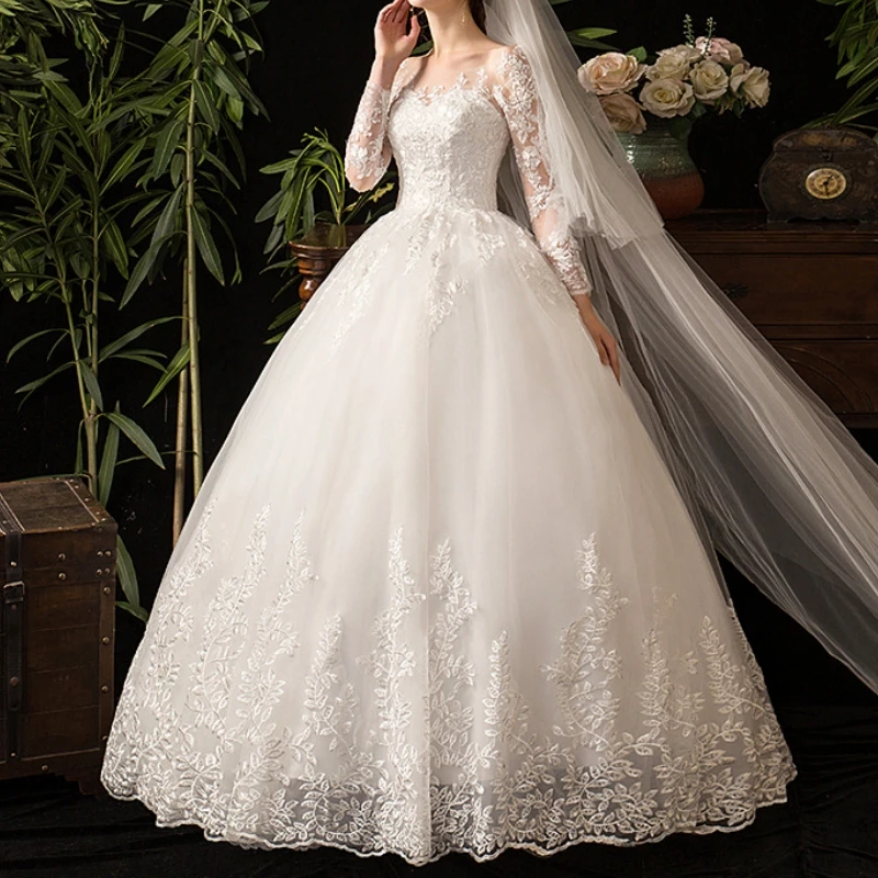 Vestidos De novia De princesa Vintage, manga larga, cuello redondo, Apliques De encaje, corsé, vestidos De novia