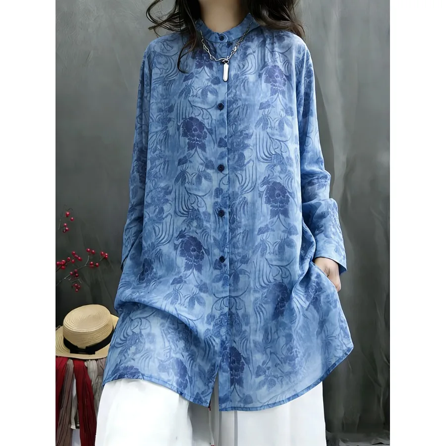 

Early Spring 2026 Artistic Print Midi Shirt Jacket plus Size Women's Single Button Long Sleeve Stand Collar Open Cardigan
