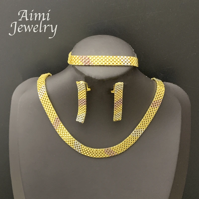 Simple Gold Plated Necklace Earrings Bracelet Jewelry Set for Women Italian Jewellery Set Bridal Wedding African Party Gifts