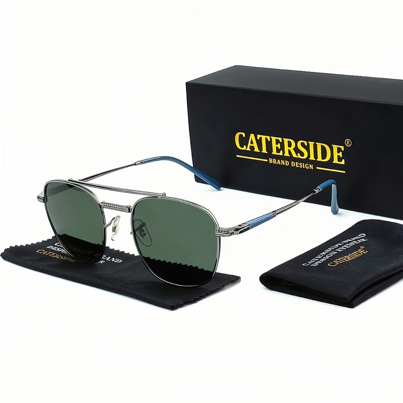 

Caterside Retro Square Polarized Sunglasses Men Metal Flat Top Double Bridges Women Sun Glasses Driving Business Eyeglasses