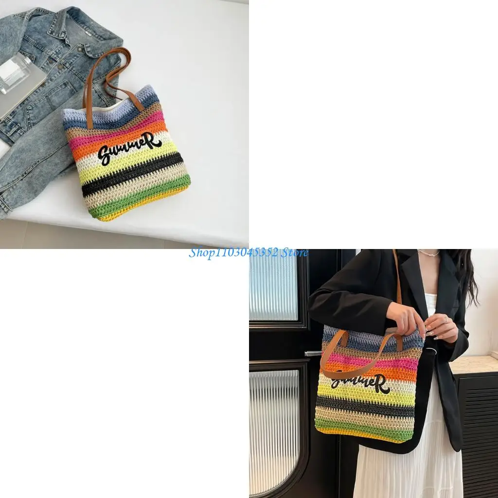 

Красочная радужная соломенная сумка с просторной сумкой на плечо, повседневная сумка, кошелек с верхней ручкой для пляжа и