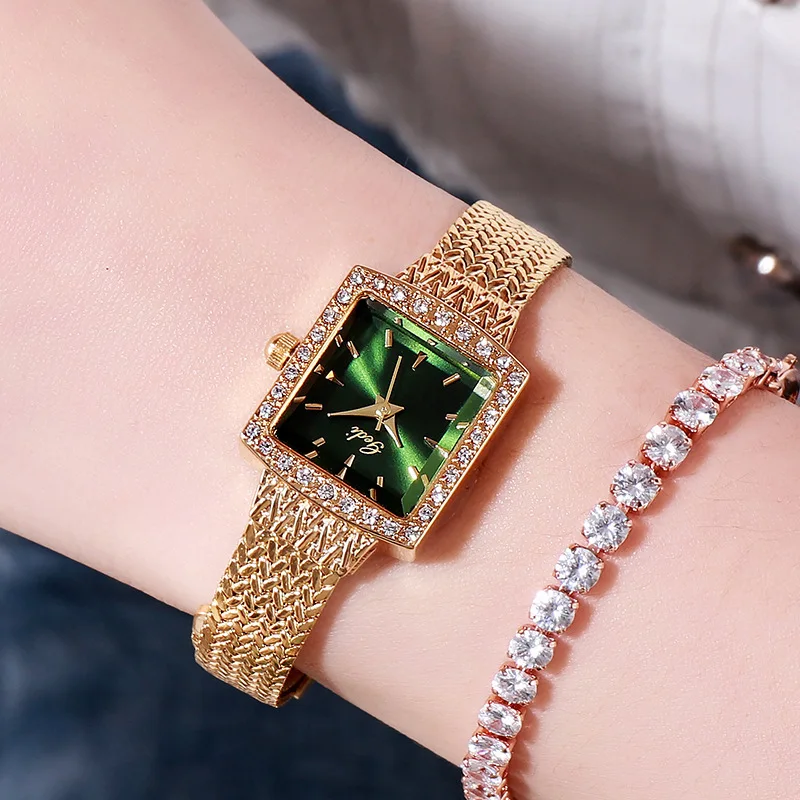 2024 Fashion Gedit Top Brand Mesh Steel Retro Square Women\'s Luxurious Diamond Inlaid High-end Sense Quartz Gifts Wrist Watches