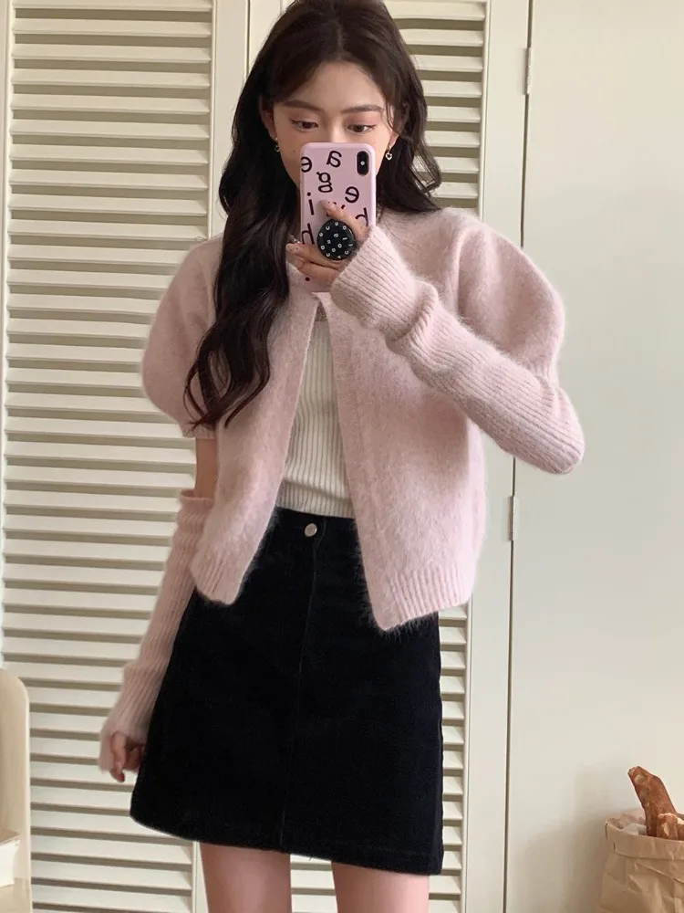 Deeptown Sweet Pink Women Sweater Cardigan Korean Style Old Money Elegant Autumn Outerwear Coquette Casual Puff Sleeve Knitwear