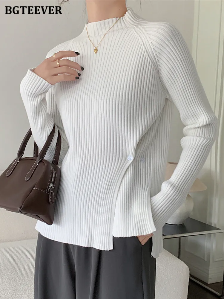 

BGTEEVER Autumn Winter Half High Collar Women Knitted Sweaters Long Sleeve Elegant Side Split Female Pullovers Jumpers