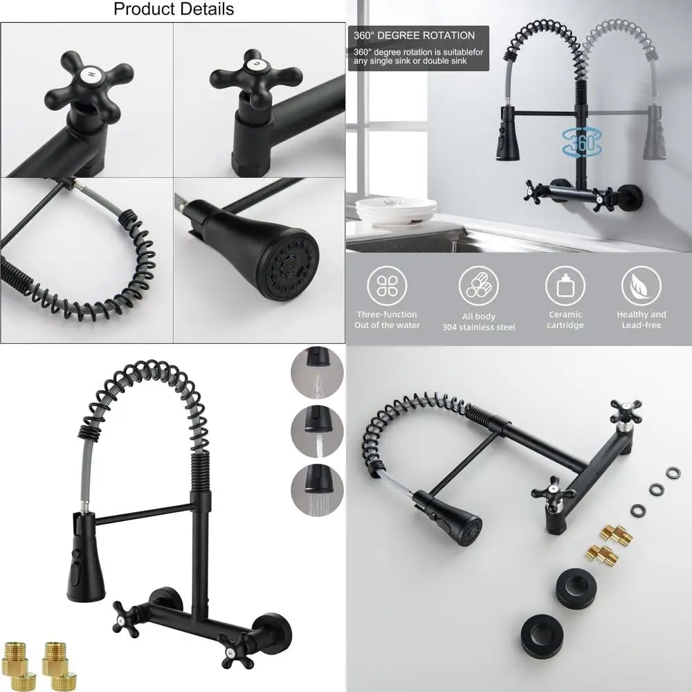

8 Matte Black Wall-Mounted Kitchen Faucet with 3-Function Sprayer